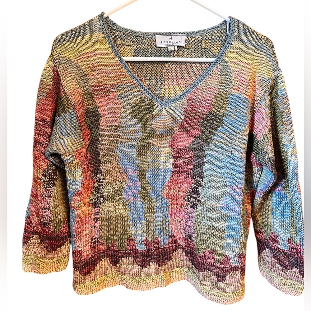 Peruvian Connection Pima Cotton Abstract Watercolor Sweater L